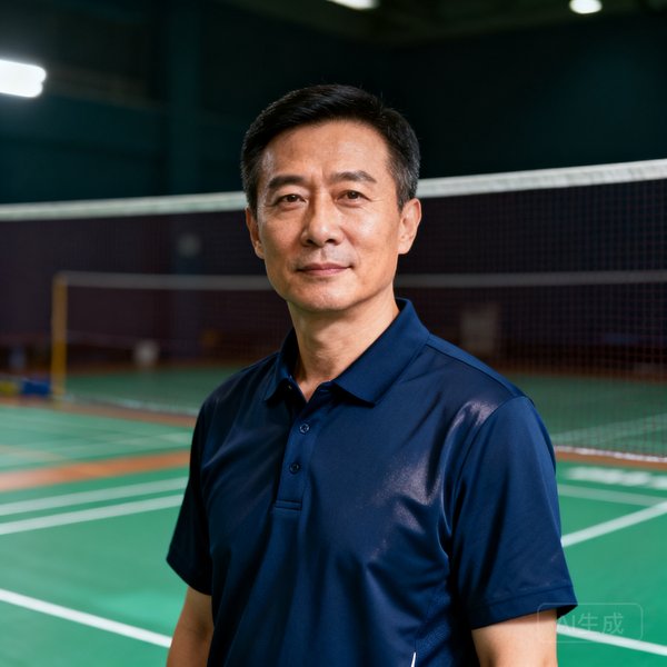 zoty体育总教练张伟半身肖像照，40岁男性，穿深蓝色教练 polo 衫，表情沉稳自信，背景为羽毛球场地，他曾是国家队集训队员