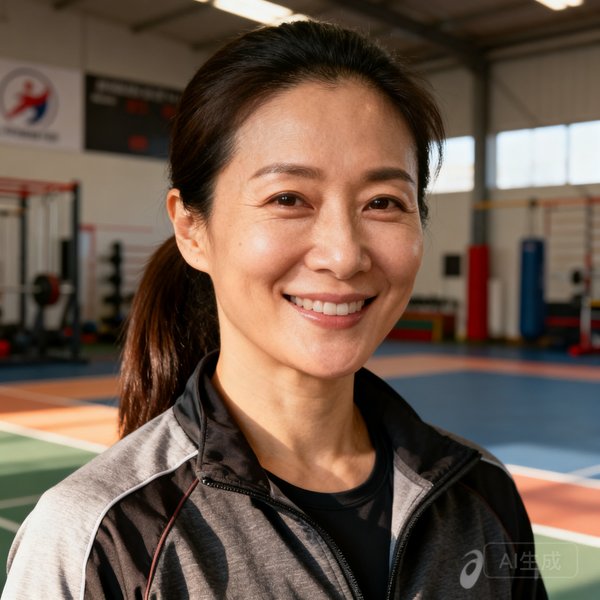 zoty体育高级教练林敏半身肖像照，35岁女性，扎马尾穿运动外套，微笑面向镜头，背景为训练场地，她是前广东省队女单选手