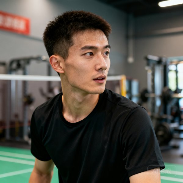 zoty体育体能教练陈浩半身肖像照，28岁男性，短发精干，穿黑色运动T恤，背景为健身房区域，他专注于羽毛球专项体能训练